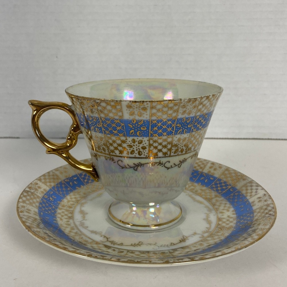 Royal Sealy China Lusterware Teacup and Saucer Set Gold Blue Iridescent Japan